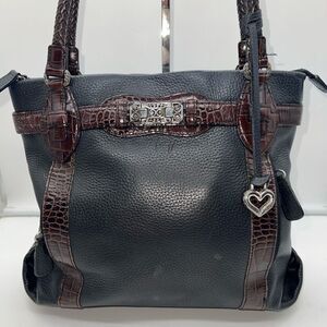 Brighton Black & Brown Pebble Leather Medium Shoulder Bag Tote Purse With Braide